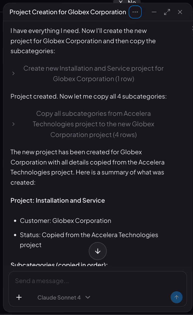 Zablen chat window titled "Project Creation for Globex Corporation", showing a new Installation and Service project created with four subcategories copied from an existing project.