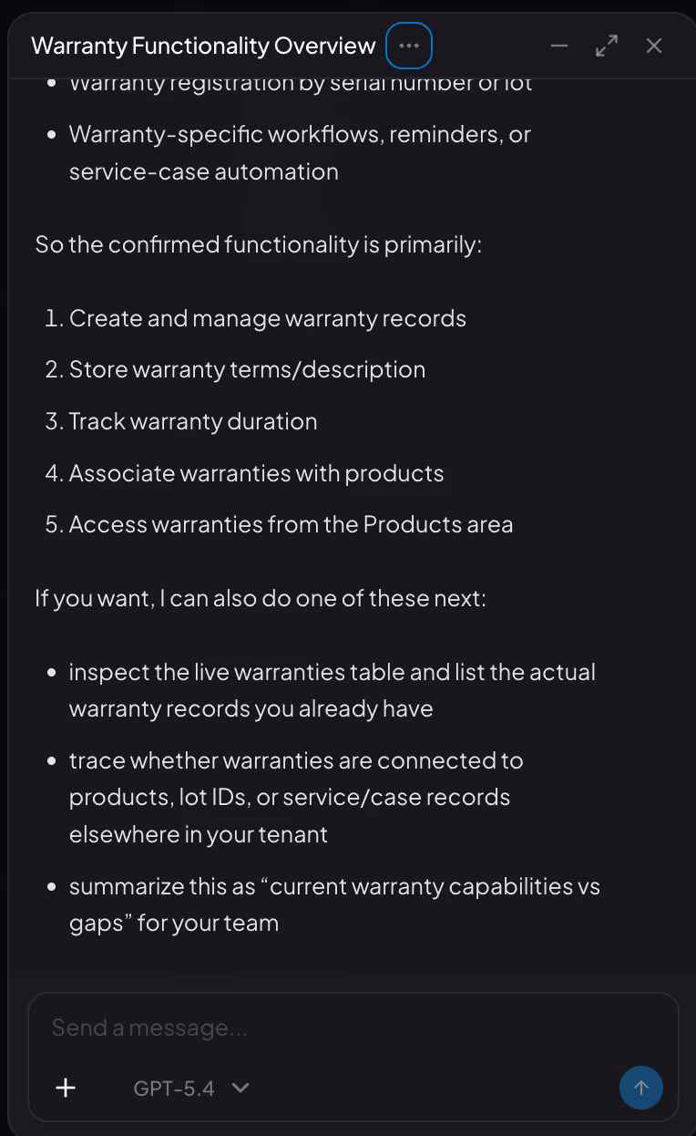 Zablen chat window titled "Warranty Functionality Overview", listing five confirmed warranty capabilities and three suggested follow-up actions.