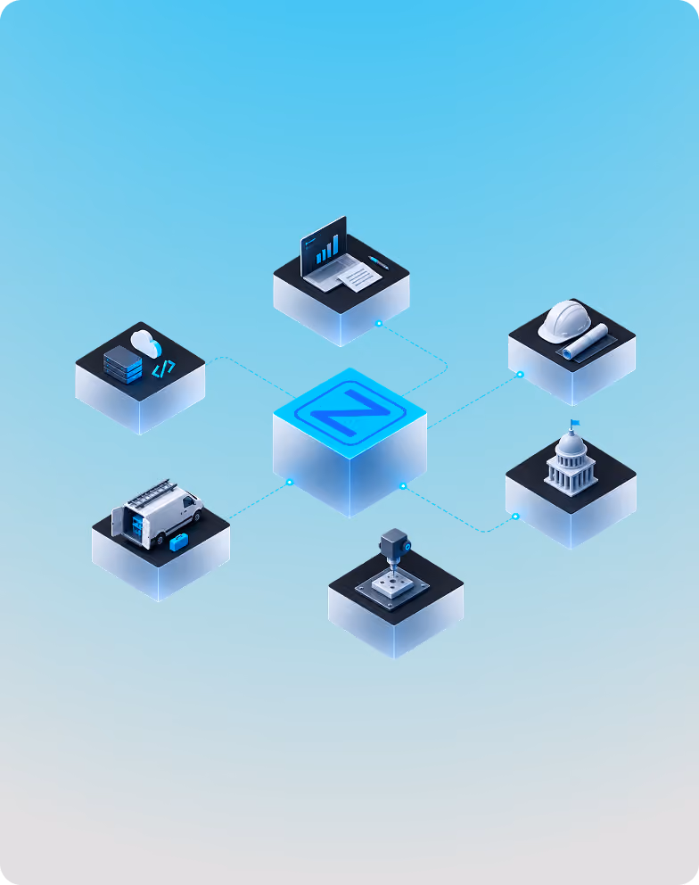 Isometric diagram of a glowing Zablen tile at the centre, linked by thin lines to six platforms representing different industries.