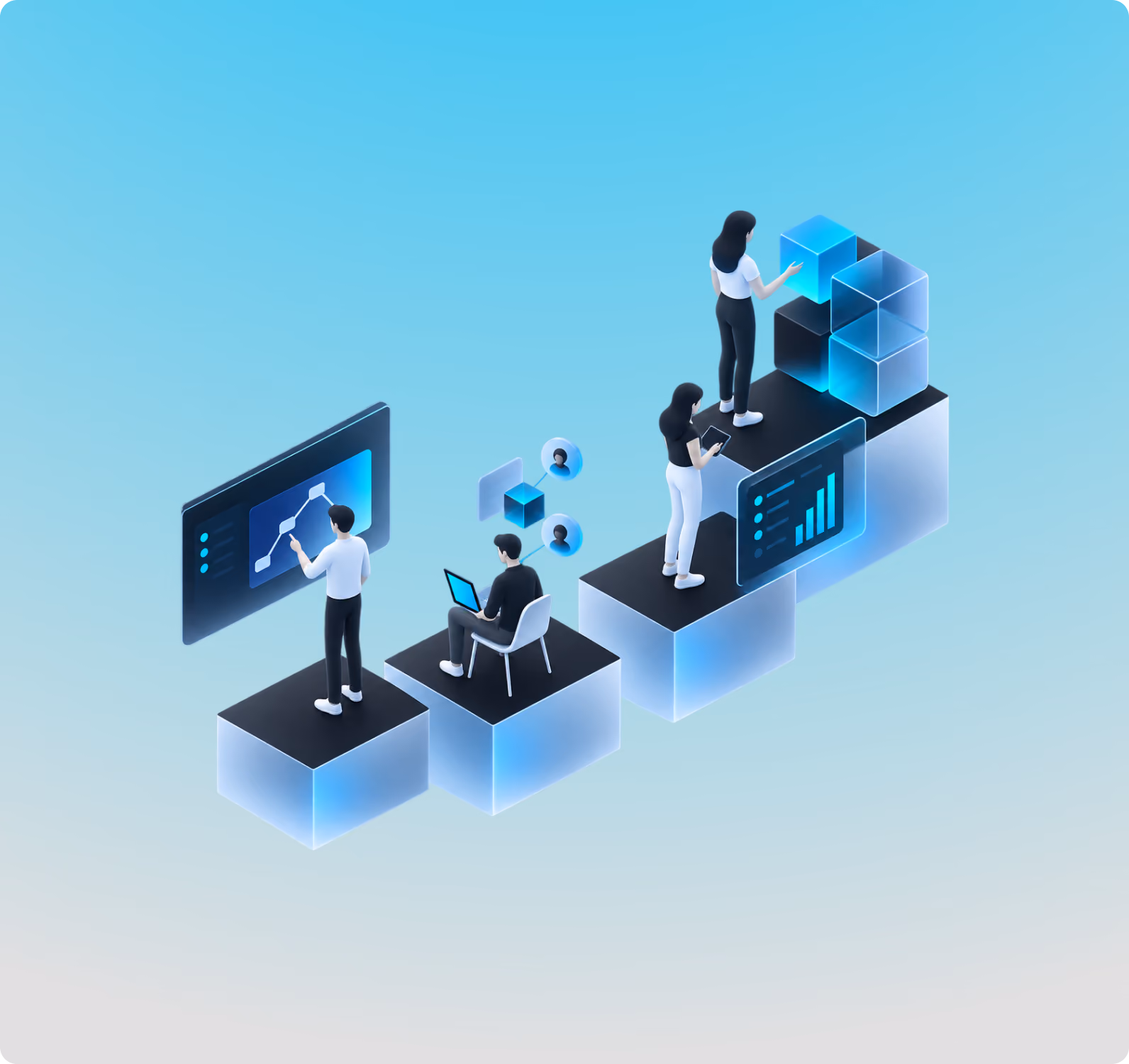 Isometric illustration of teams working at desks, dashboards and screens on connected blue platforms.