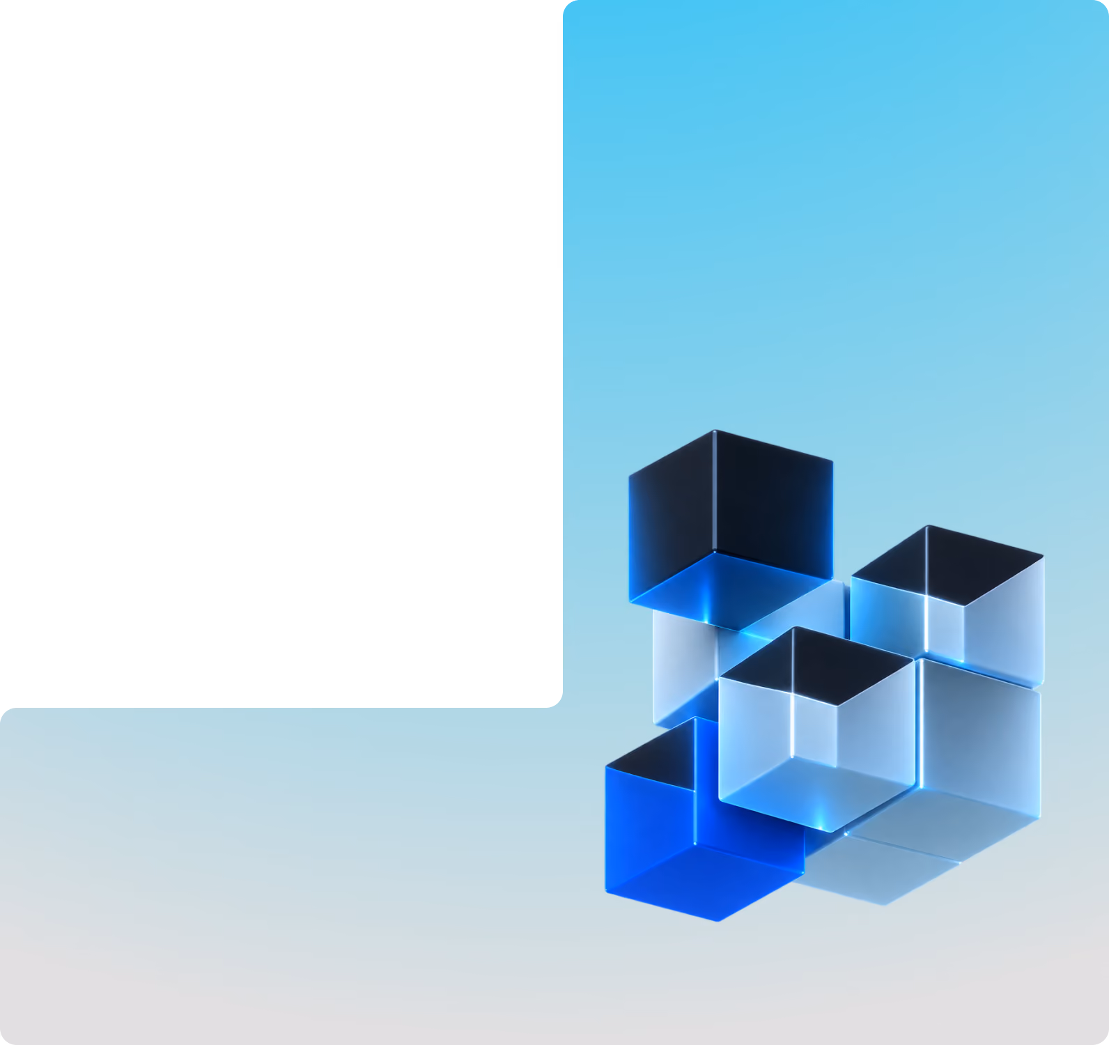 Isometric illustration of glass and blue cubes assembling into a single larger block on a pale blue gradient.