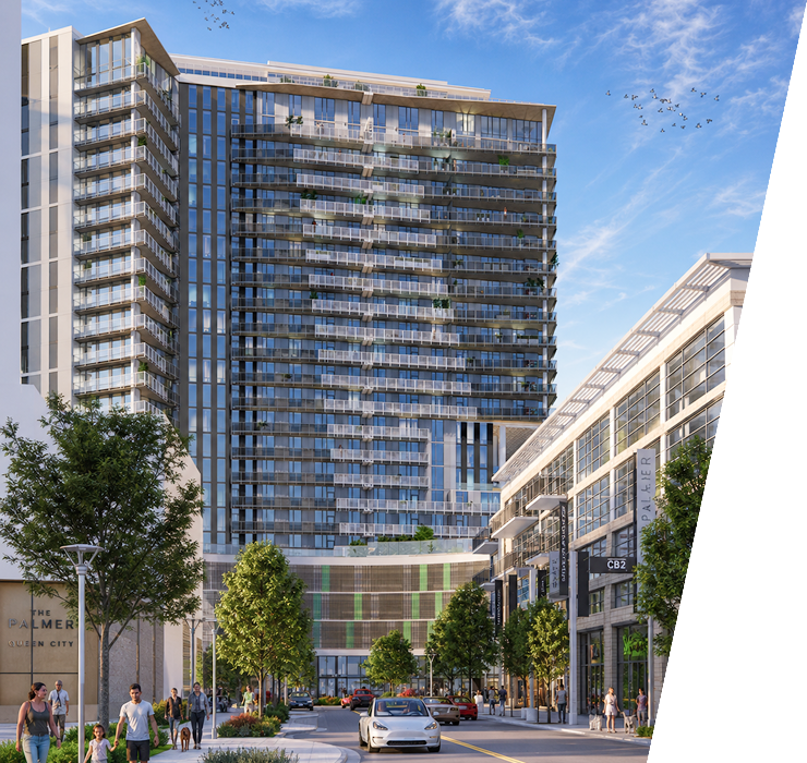 Modern tall building with glass balconies, trees lining street, and people walking on sidewalks.