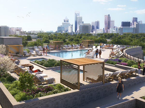 Rooftop pool area with lounge chairs, wooden pergolas, people relaxing, and city skyline in the background.