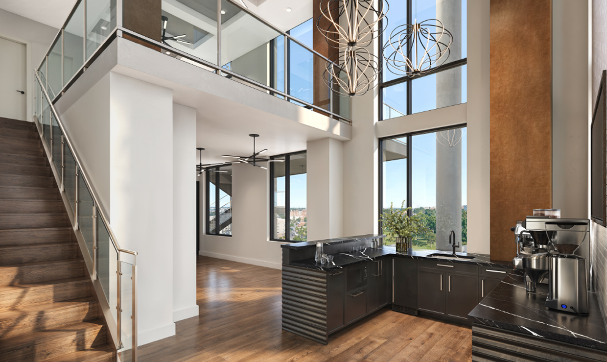 Modern two-story kitchen with black countertops, stainless appliances, large windows, and wooden floors.