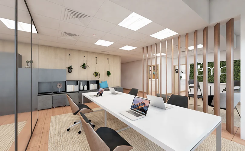 BMA Lisboa office at Tagus Space with a white meeting table, wooden slats and a kitchenette