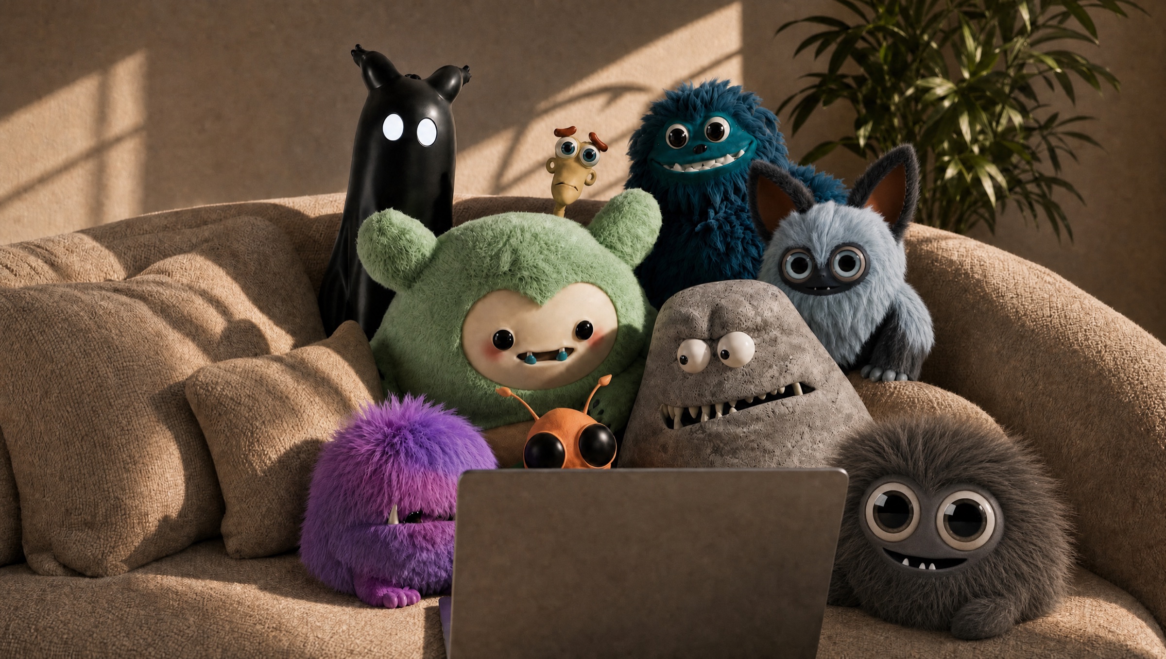 Ten Cluma monster characters crowded together on a sofa, looking at an open laptop screen