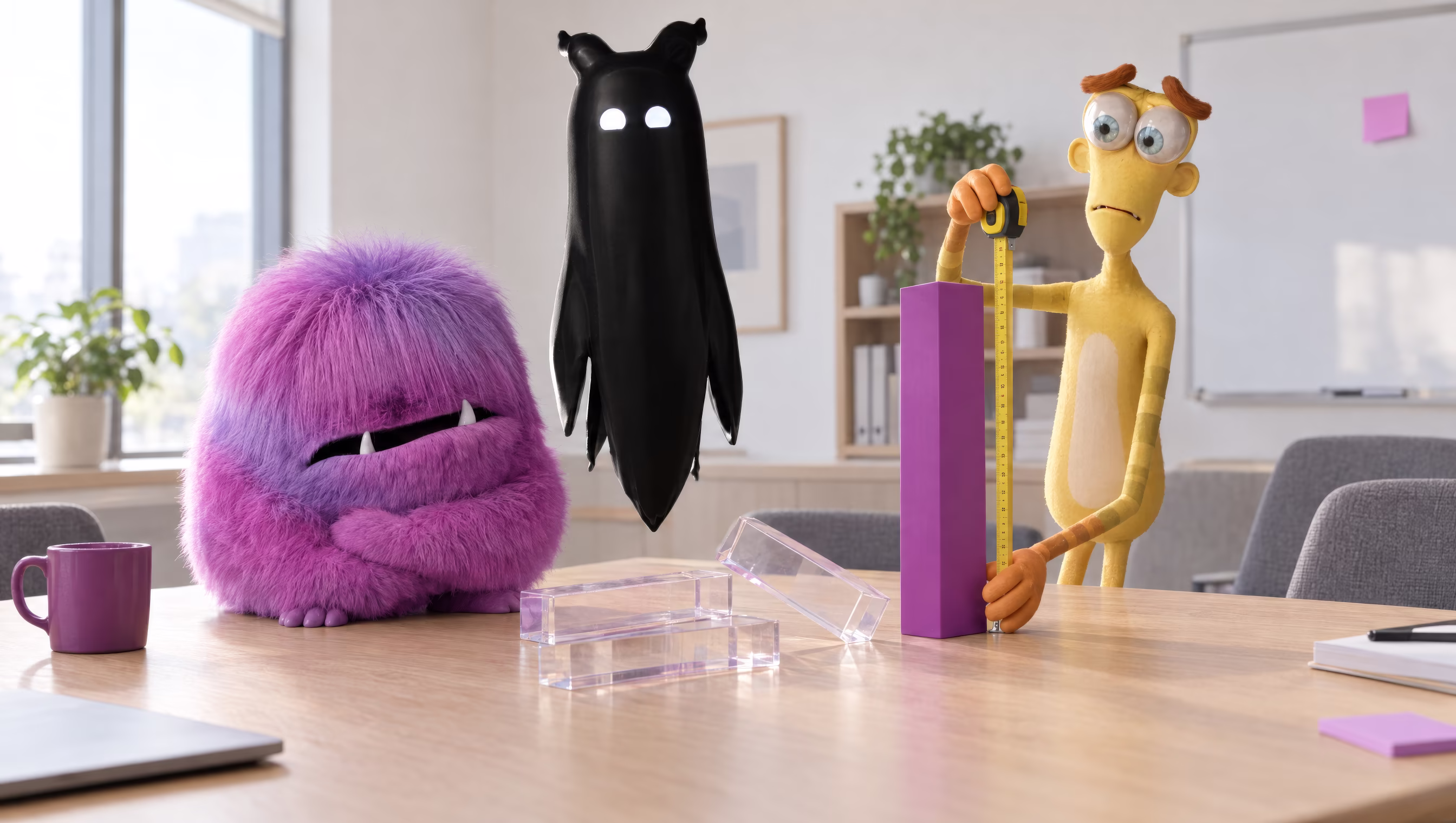In a bright meeting room, Grizzle sits with crossed arms behind two fallen glass bars, Mumble hovers watching, and Noodle measures a standing purple bar with a tape measure
