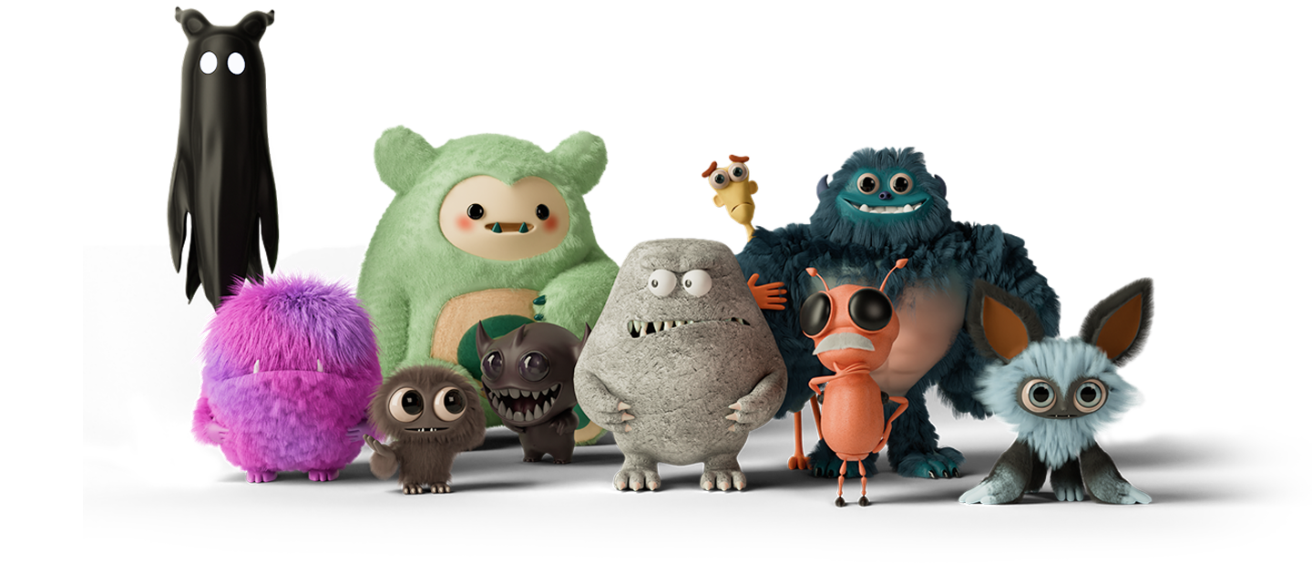 Group of colorful Cluma monster characters standing in a row
