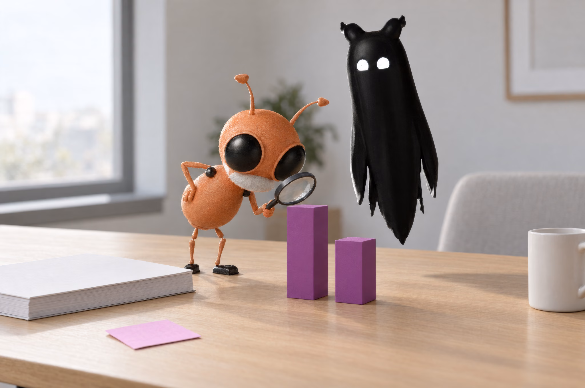 In a bright meeting room, Blink inspects the taller of two purple bar blocks through a magnifying glass while Mumble hovers behind and watches