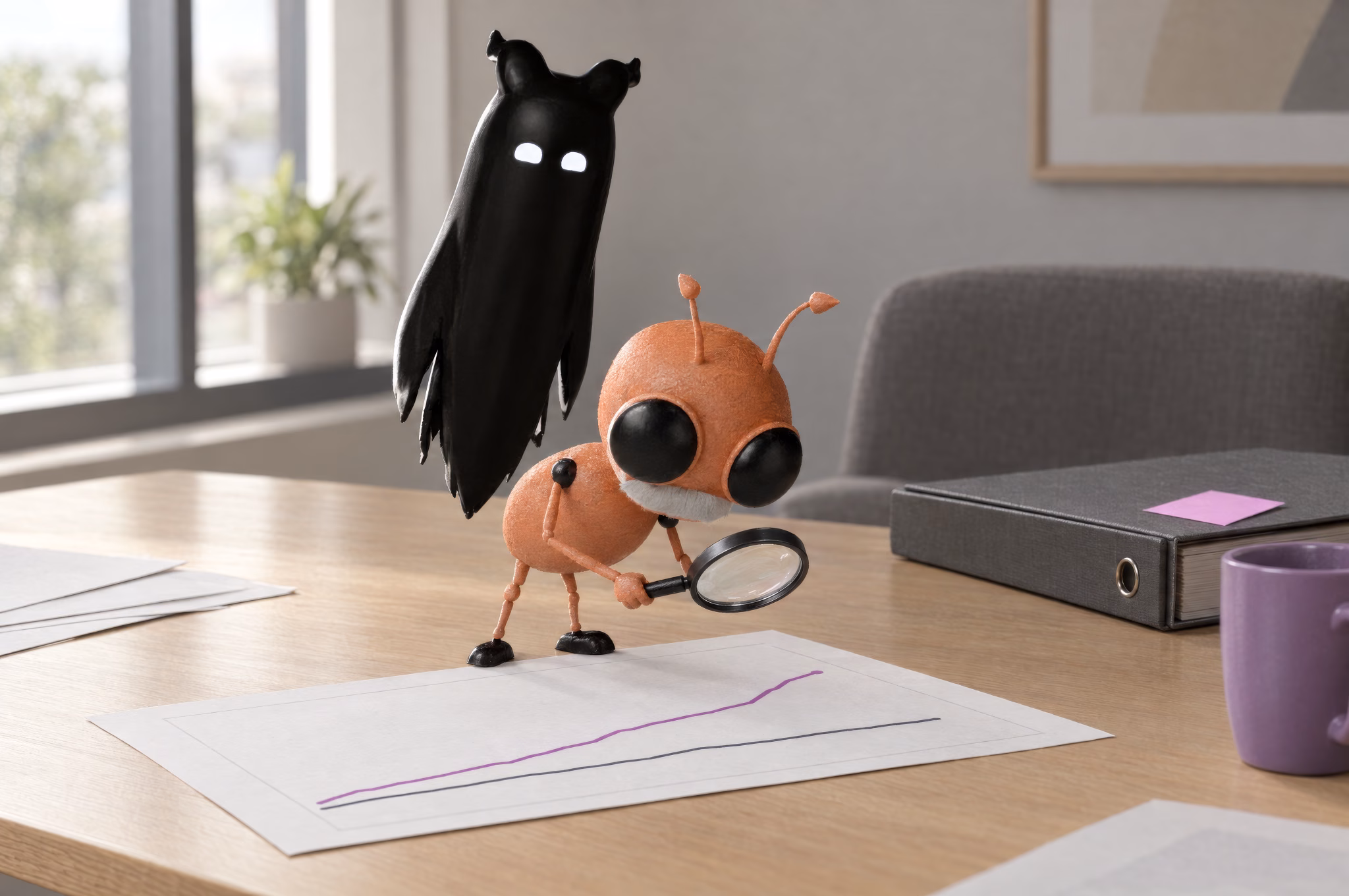 In a calm meeting room, Blink studies the end of a rising purple line on a printed chart through a magnifying glass while Mumble hovers behind him, watching