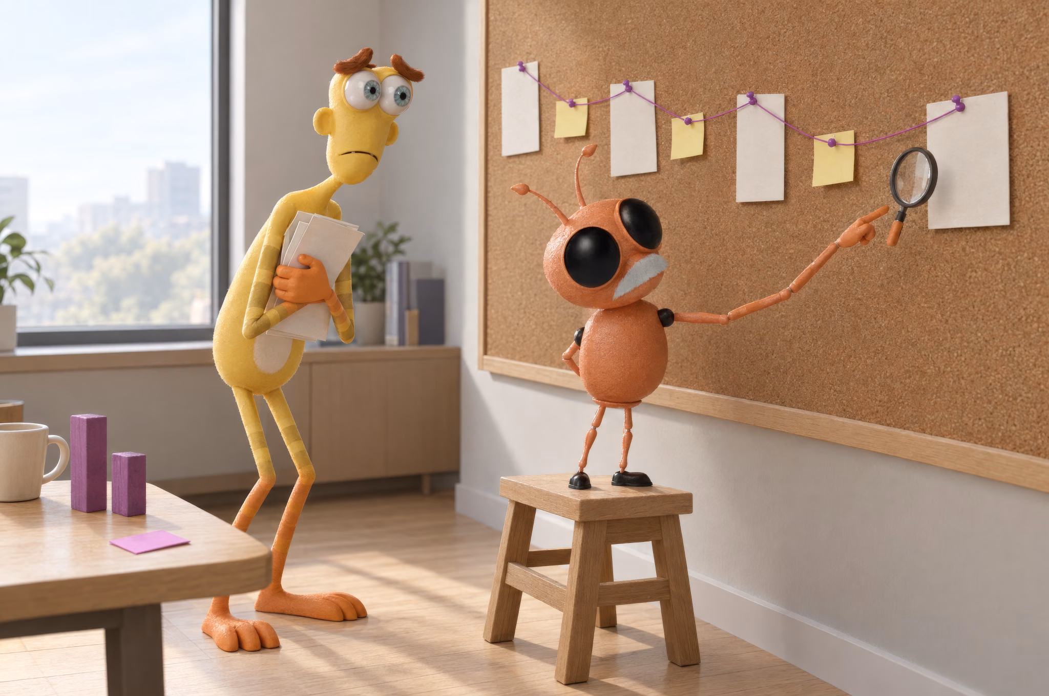 In a bright meeting room, Blink stands on a stool and inspects a trail of blank cards on a cork board with a magnifying glass while Noodle holds a stack of papers and watches anxiously