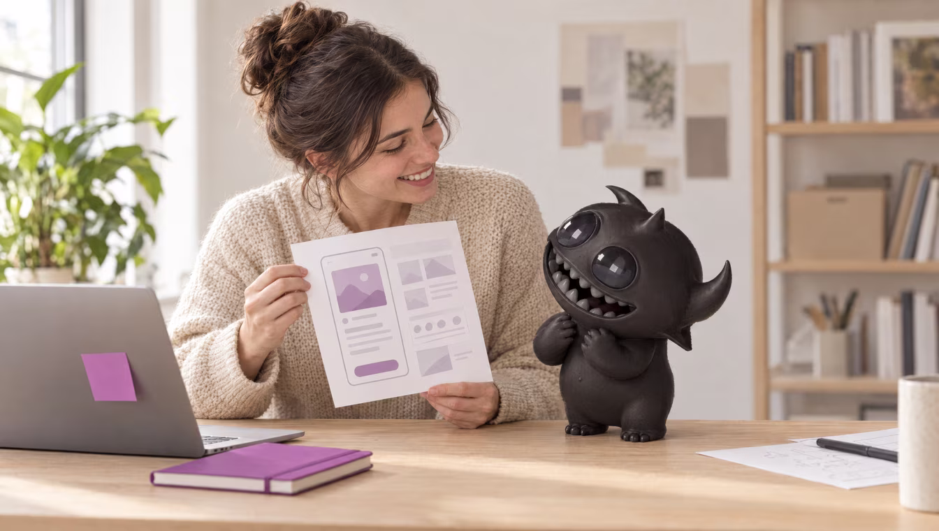 A smiling designer shows a printed app layout to Giggles, a small Cluma monster sitting on her desk