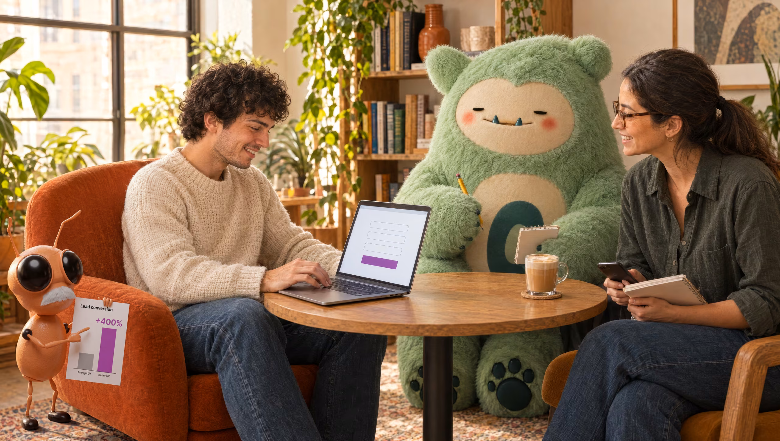 Cosy café lounge: a young man tests a simple signup form on a laptop while a UX researcher smiles at him; big green Gloober sits at the round table taking notes, and Blink, the orange ant with a white moustache, stands beside the armchair holding up a Lead conversion chart showing +400% for Better UX over Average UX.