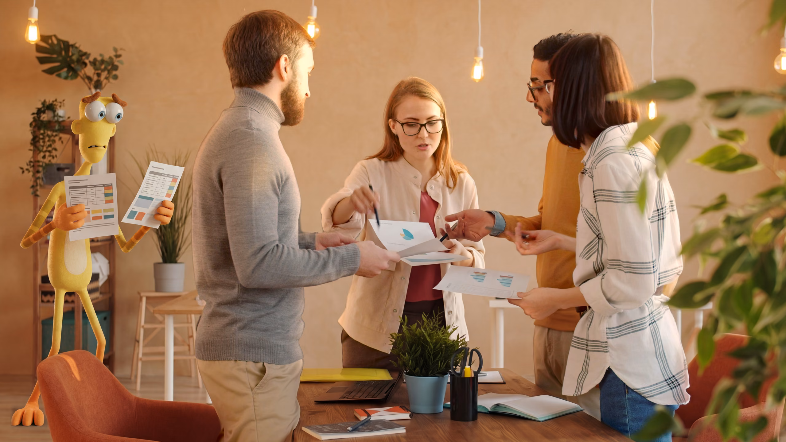 Warm office with walnut table and hanging bulbs: four colleagues compare printed plan sheets while Nervous Noodle, the tall yellow monster, stands behind a terracotta chair holding two plan comparisons, unsure which design subscription to pick.