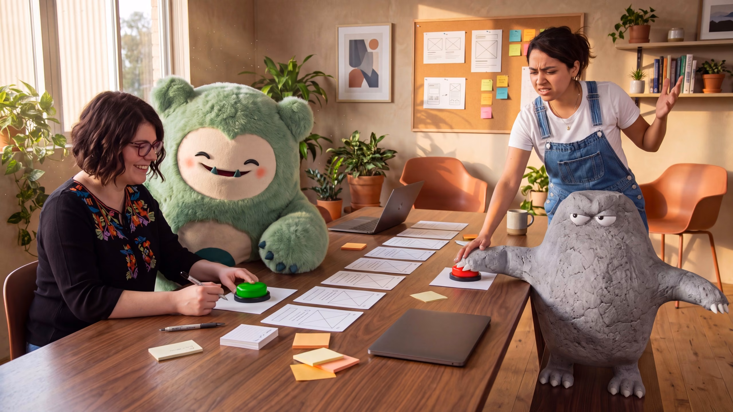 Gloober eagerly offers a green sign-up button to a smiling woman while Rigid holds down the red cancel button and a frustrated woman reaches for it.