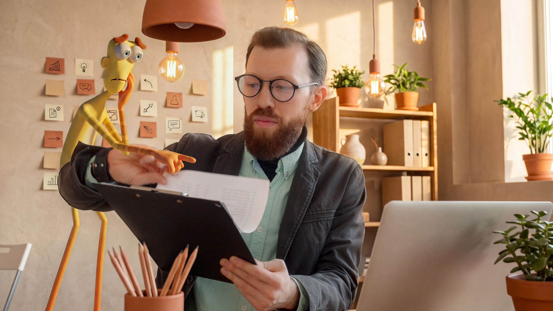Marketing lead reading a long contract at his desk while a Cluma monster points at the fine print