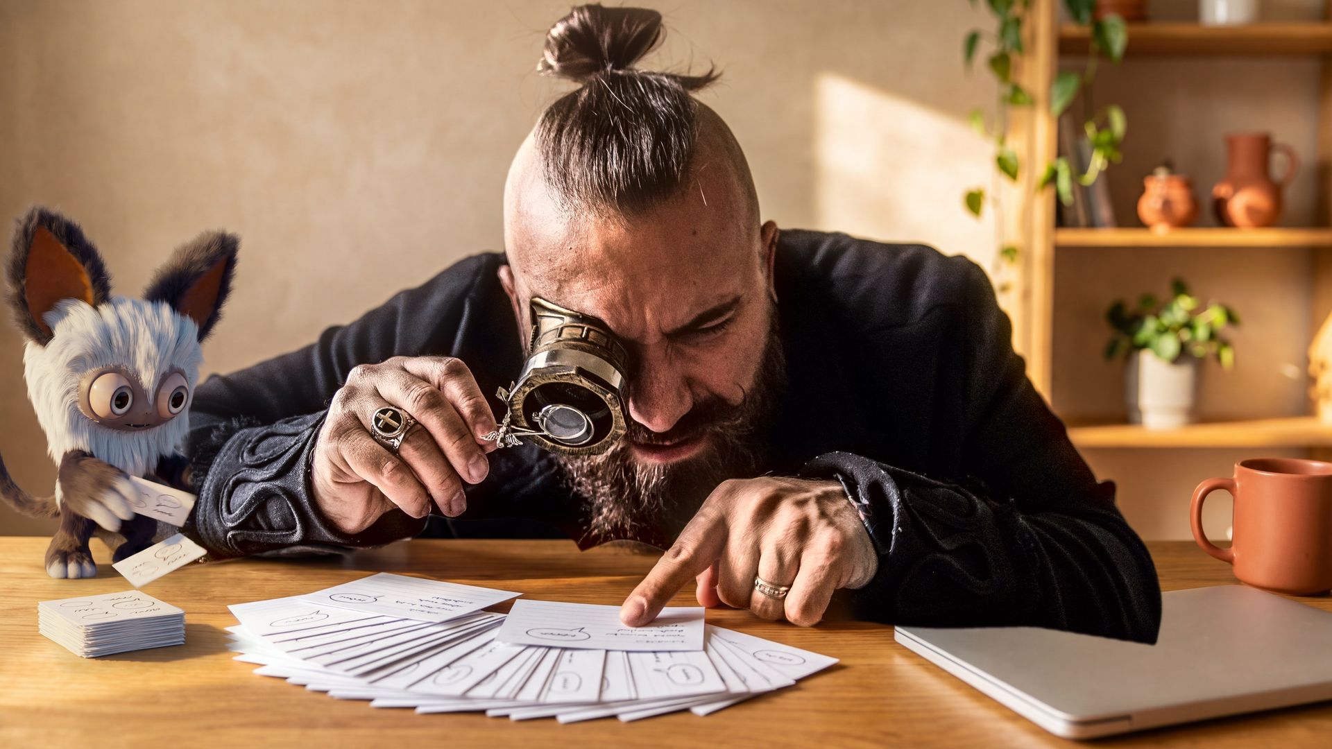 Founder checking a spread of comment cards with a loupe while a Cluma monster sorts identical cards into a pile