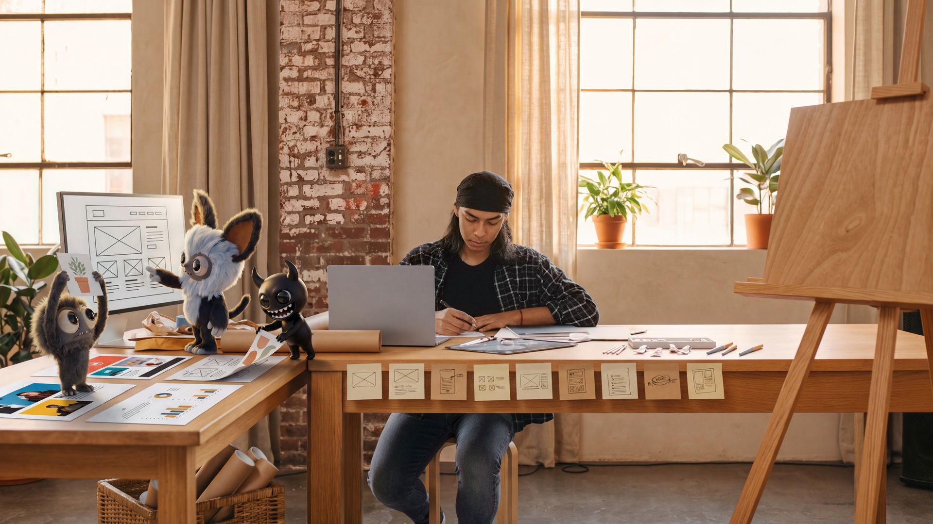 One designer with a single row of sticky notes next to three Cluma monsters working on a website, an ad and a deck at once