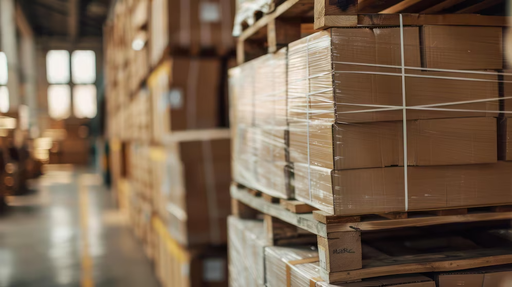 Stacked shipping boxes prepared for distribution
