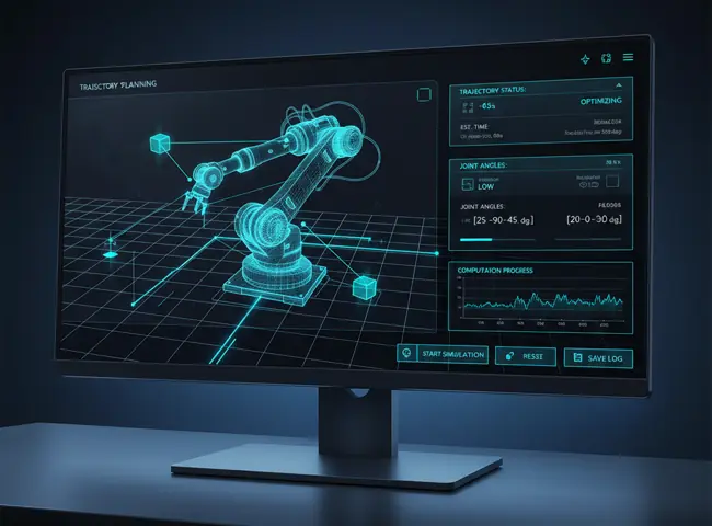 Monitor showing a 3D robot arm simulation with trajectory planning panels