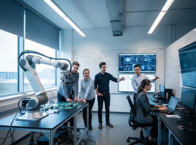 Engineers watching a robot arm handle parts during a demo in a lab