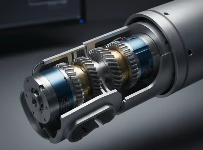 Cutaway view of a robot joint gearbox showing the internal gear train