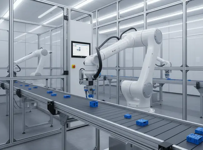 Two robot arms picking blue parts from a conveyor in a lab cell