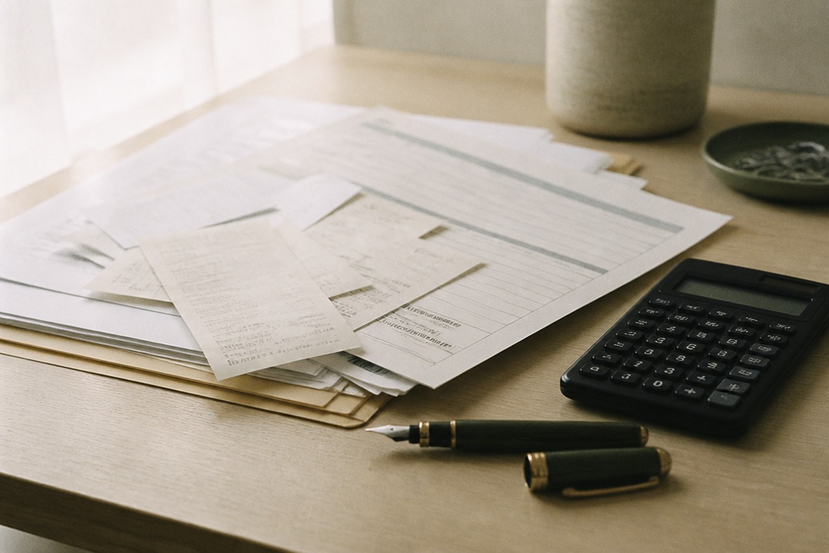 Business paperwork and receipts spread across a desk beside a calculator and fountain pen