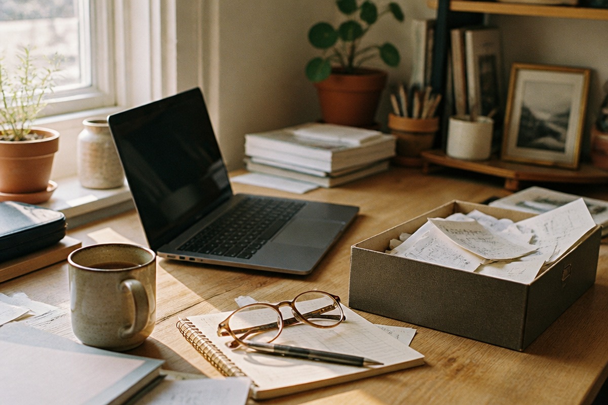 A home office desk with a laptop, reading glasses and a box overflowing with loose receipts