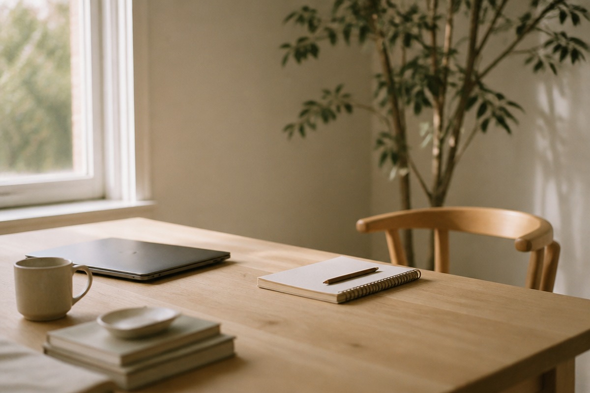An empty chair at a timber table set with a closed laptop, notebook and mug