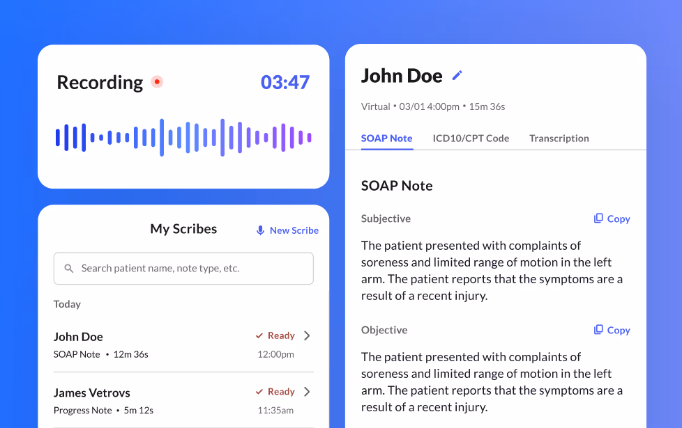 Medical scribe app interface showing a recording waveform, a list of patient notes, and a SOAP note for John Doe.