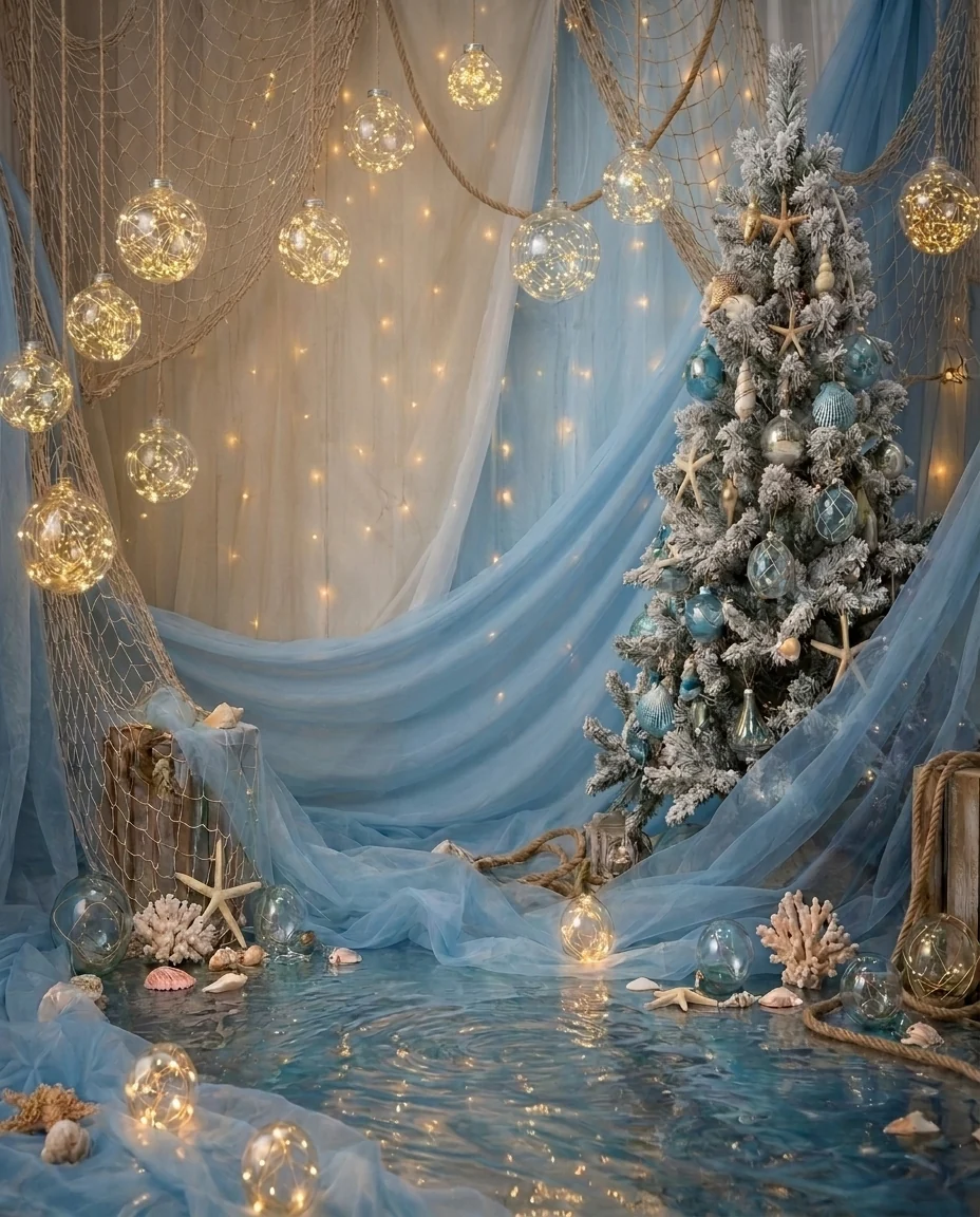 Set fotografico natalizio Sussurro del Mare: scenografia marittima invernale nei toni del blu, studio fotografico a Bologna
