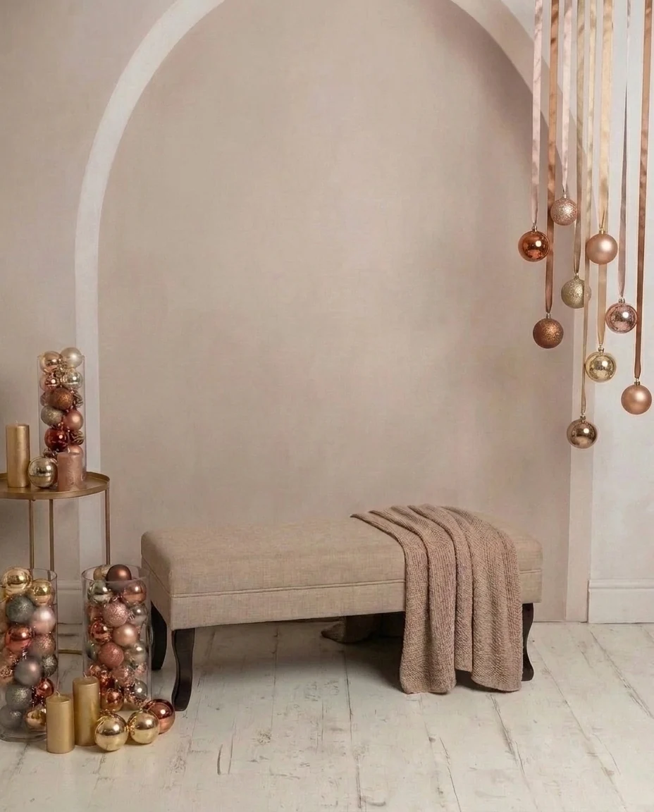 Set fotografico natalizio Scorcio Dorato: arco color champagne e oro con sfere di Natale, studio di Claudia Spaziani a Castel Guelfo di Bologna
