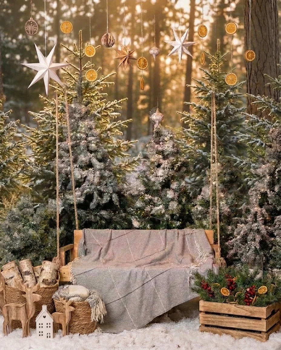 Set fotografico natalizio Essenza Nordica: bosco innevato con abeti veri, servizio fotografico di famiglia a Bologna