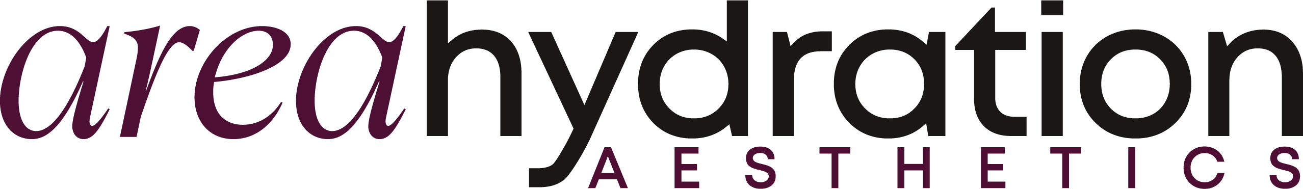 Logo with the word 'areahydration' in two styles: 'area' in italic dark purple serif font, and 'hydration' in bold black sans-serif font, with 'AESTHETICS' in uppercase dark purple letters underneath.