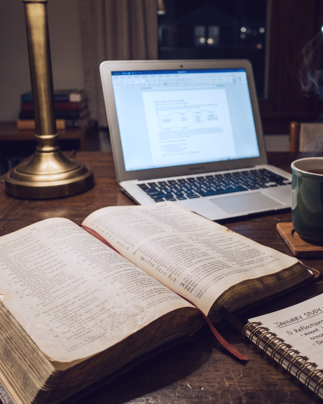 An open Bible, notebook and laptop on a wooden table under lamplight, late in the evening