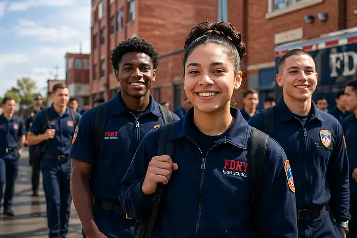 FDNY High School students in uniform smiling outside school building