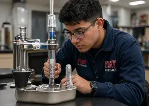 Student in FDNY High School jacket examining lab equipment closely