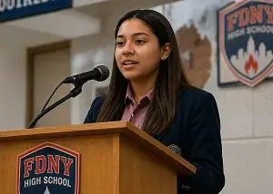 Student speaking at podium during FDNY High School event