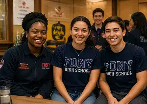Three smiling FDNY High School students seated together indoors