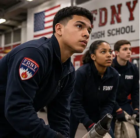 FDNY High School students in uniform training with fire hose