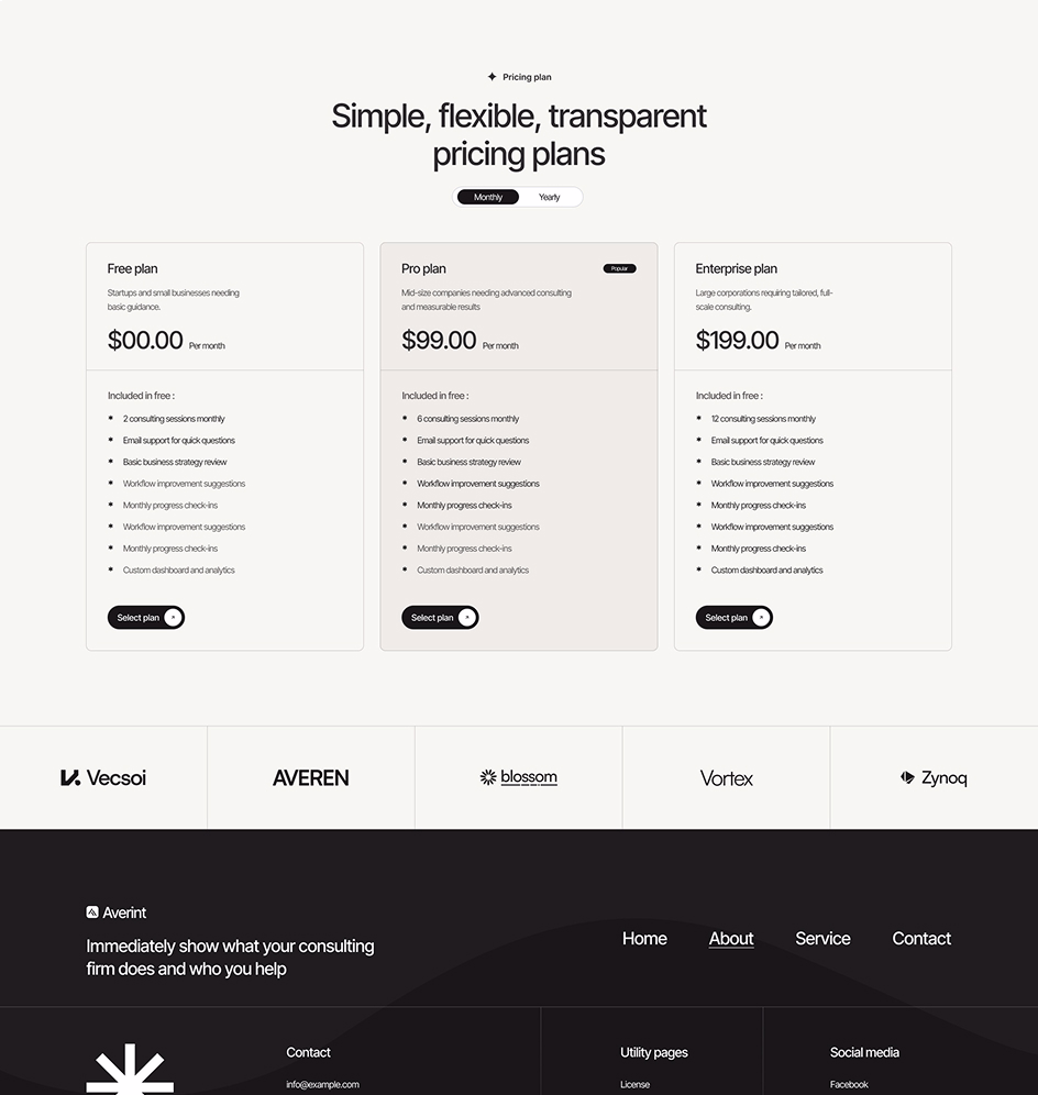 Averint landing pages pricing three