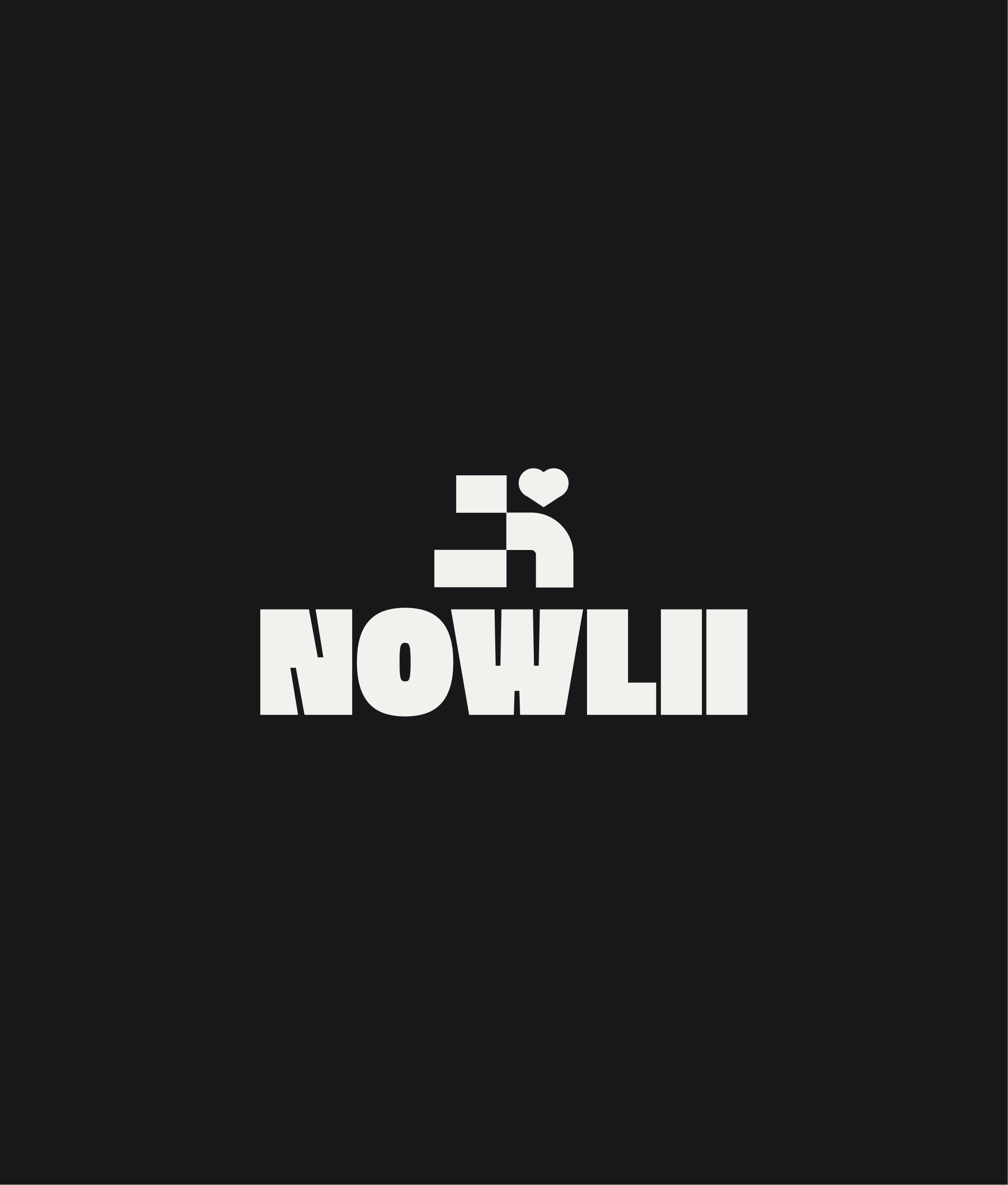 White logo with a stylized figure and heart above the bold text 'NOWLII' on a black background.