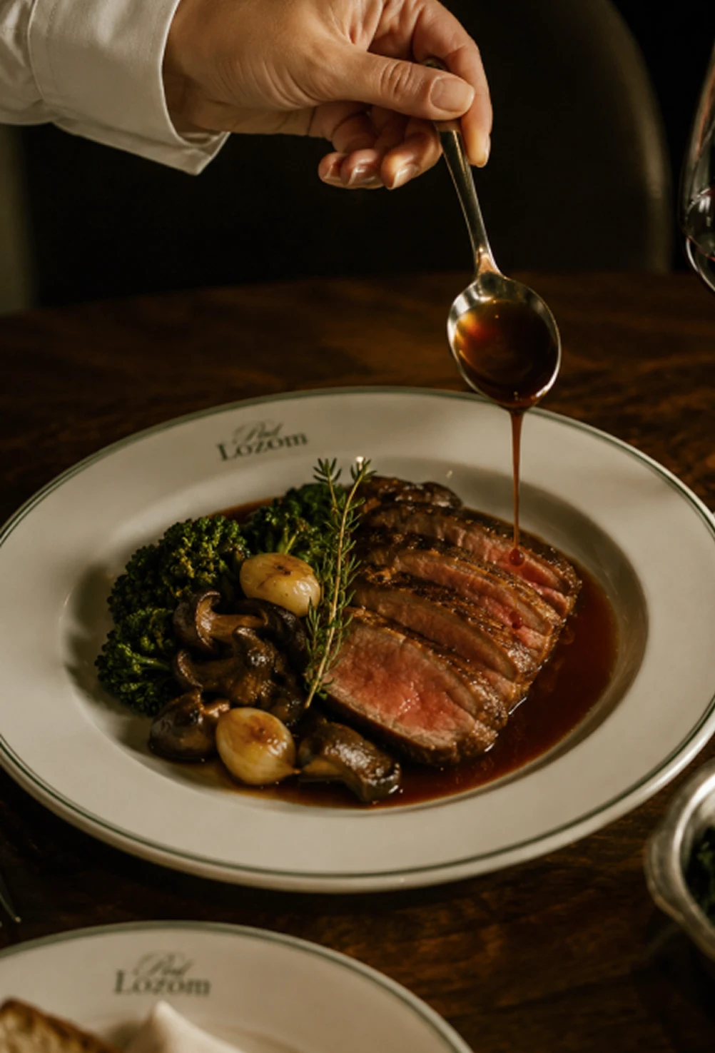 Hand pouring sauce over sliced steak served with broccoli, mushrooms, and pearl onions on a white plate.