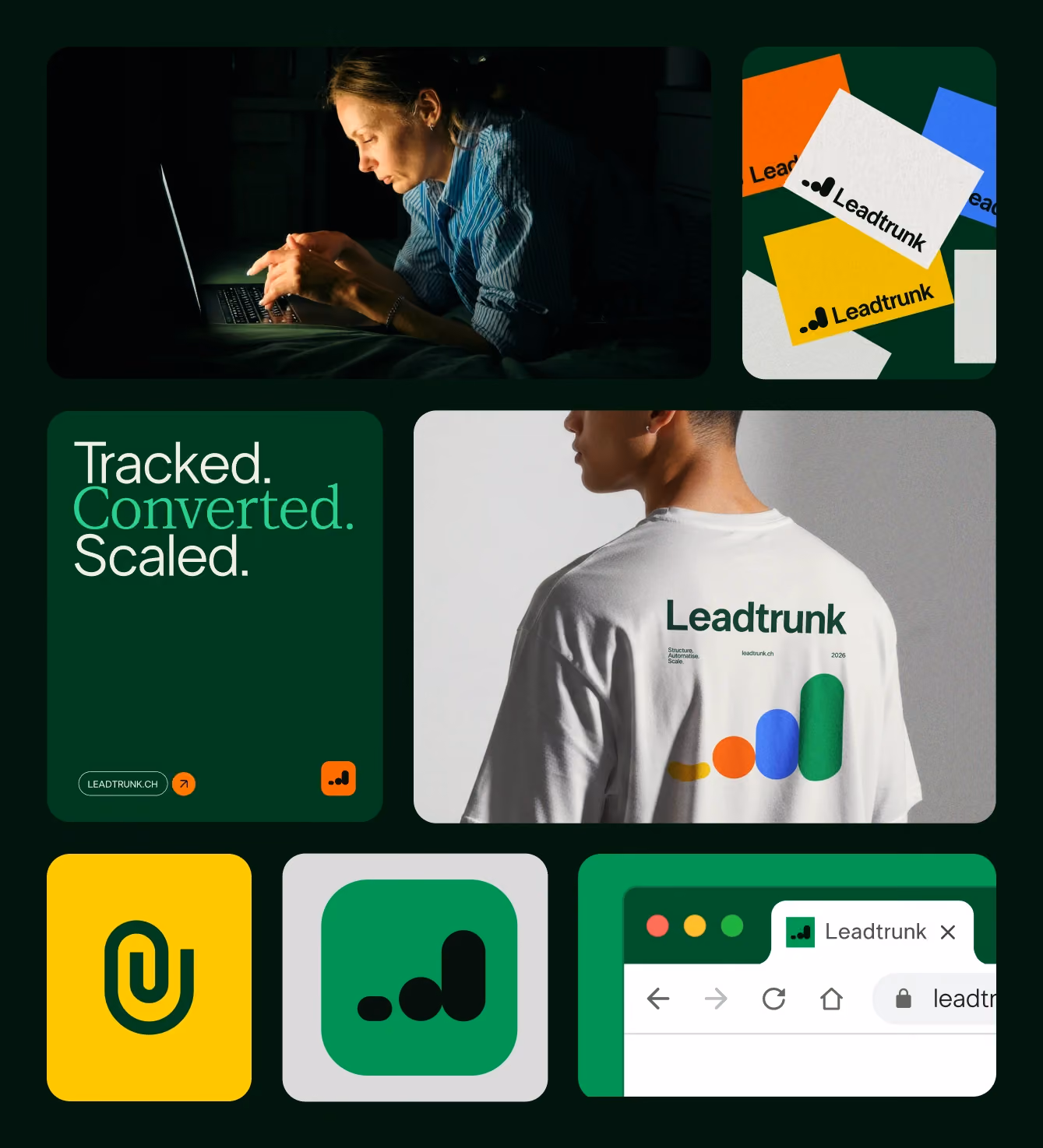 Grid of Leadtrunk brand assets — laptop photo, business cards, t-shirt, app icons.