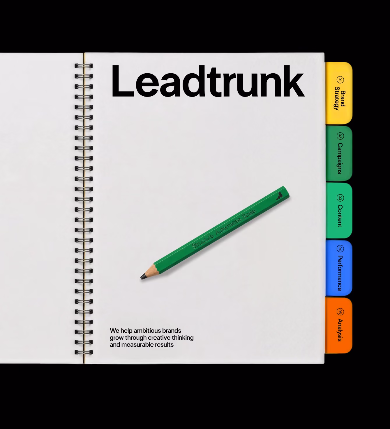 Open notebook mockup with "Leadtrunk" title, pencil, and colored tab sections.