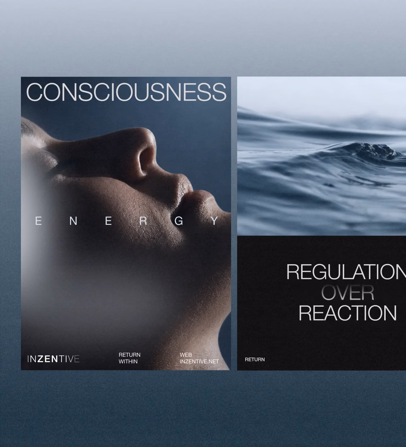Two posters — one reading "CONSCIOUSNESS ENERGY" over a close-up face, the other "REGULATION OVER REACTION" beside ocean waves.