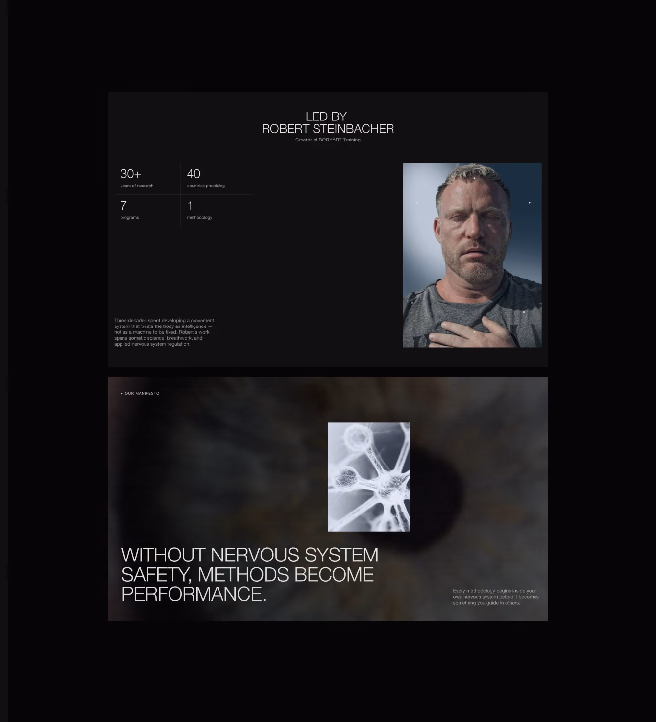 Founder bio section for Robert Steinbacher with stats, plus a dark manifesto slide about nervous system safety.