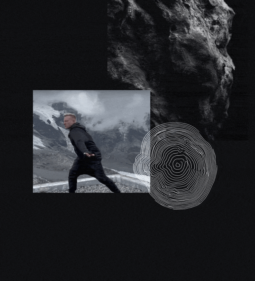 Man in athletic stance on a mountain overlaid with a fingerprint-like line illustration and rock texture.