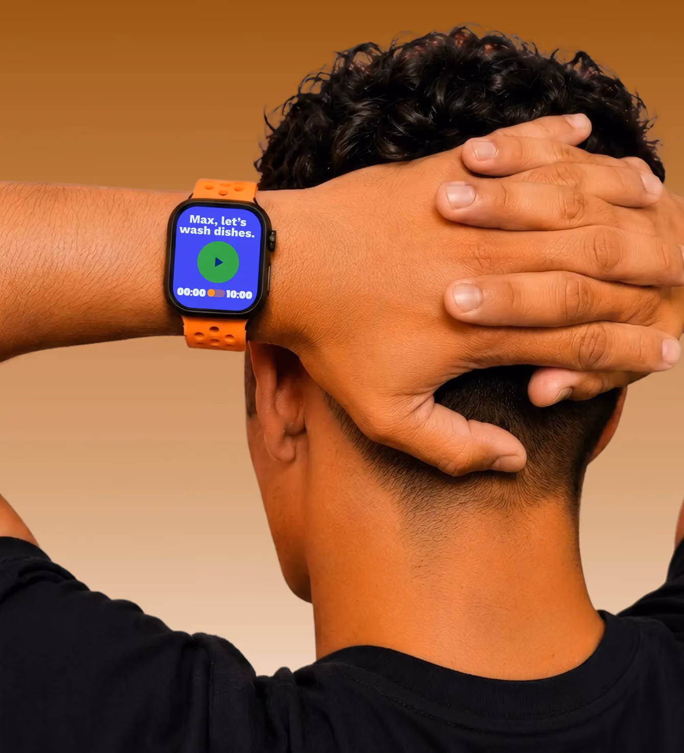 Smartwatch on a person's wrist showing a Nowlii reminder to wash dishes with a play button and timer.